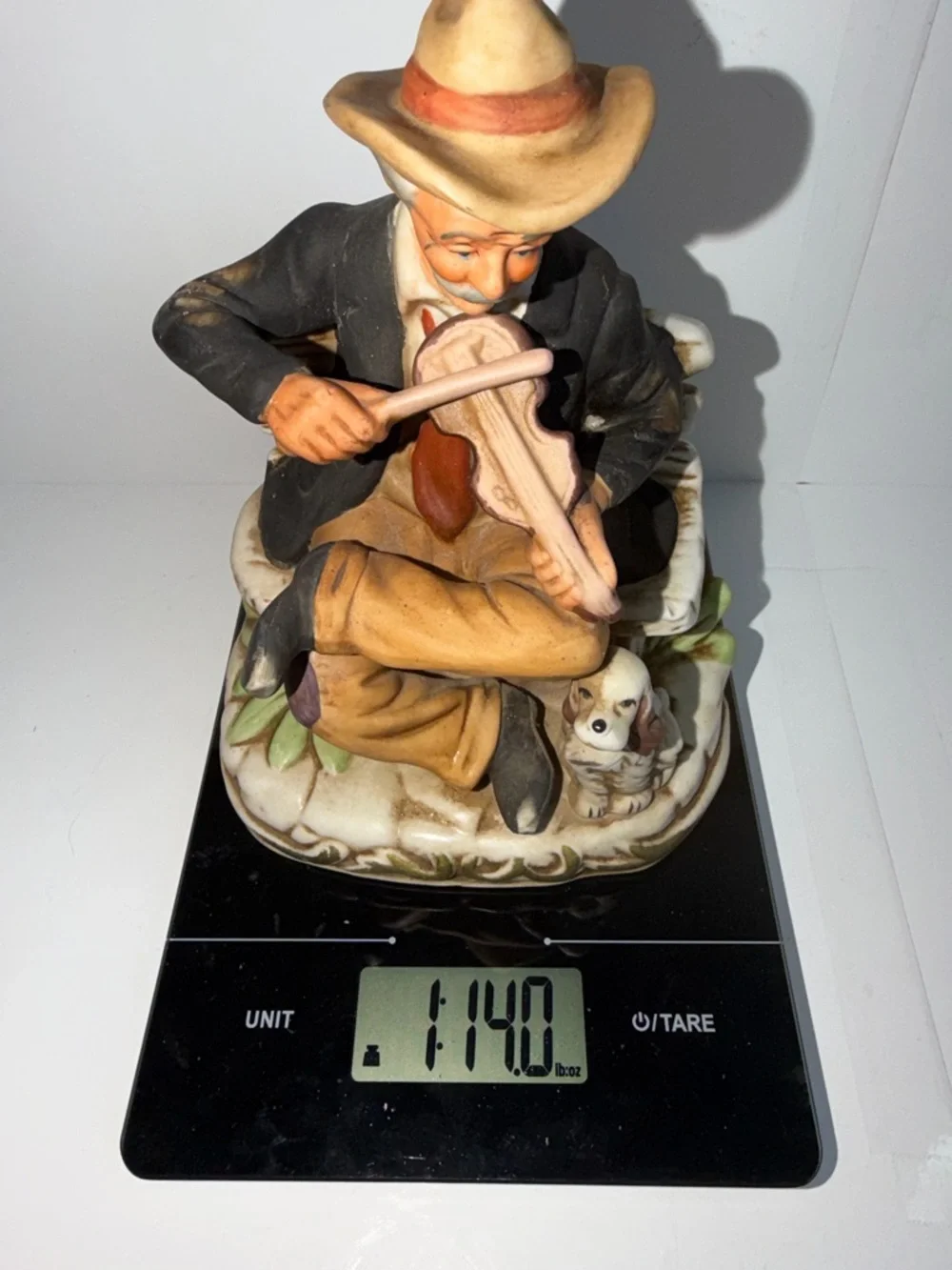 Vintage Porcelain Old Man Playing Fiddle Figurine with Dog on Bench - Picture 9 of 9